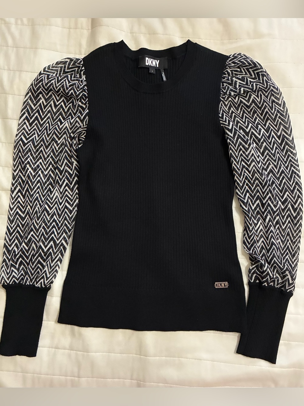 DKNY Black Knit Top with Chevron Puff Sleeves